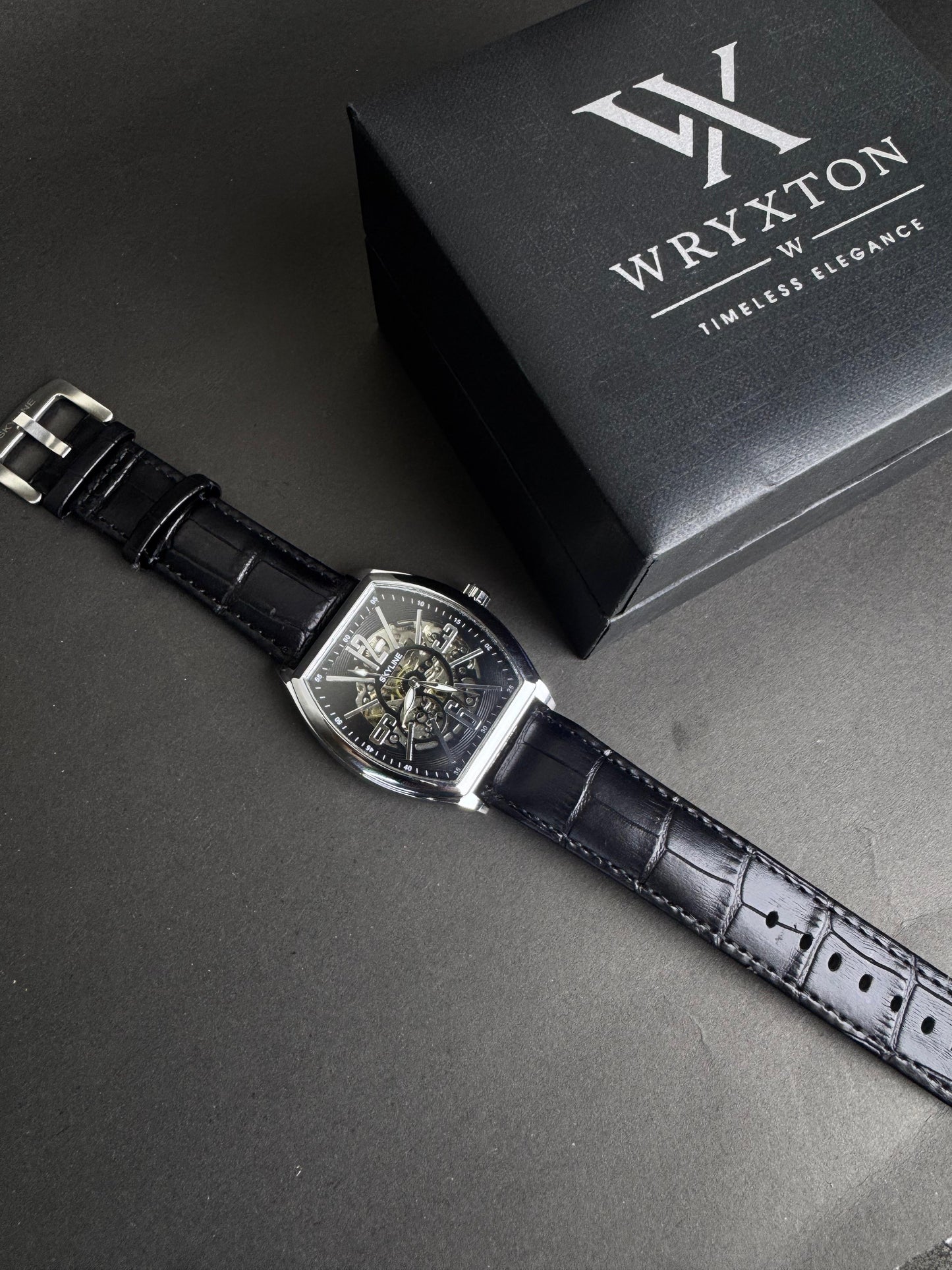 Skyline Mechanical Skeleton Black Leather Watch