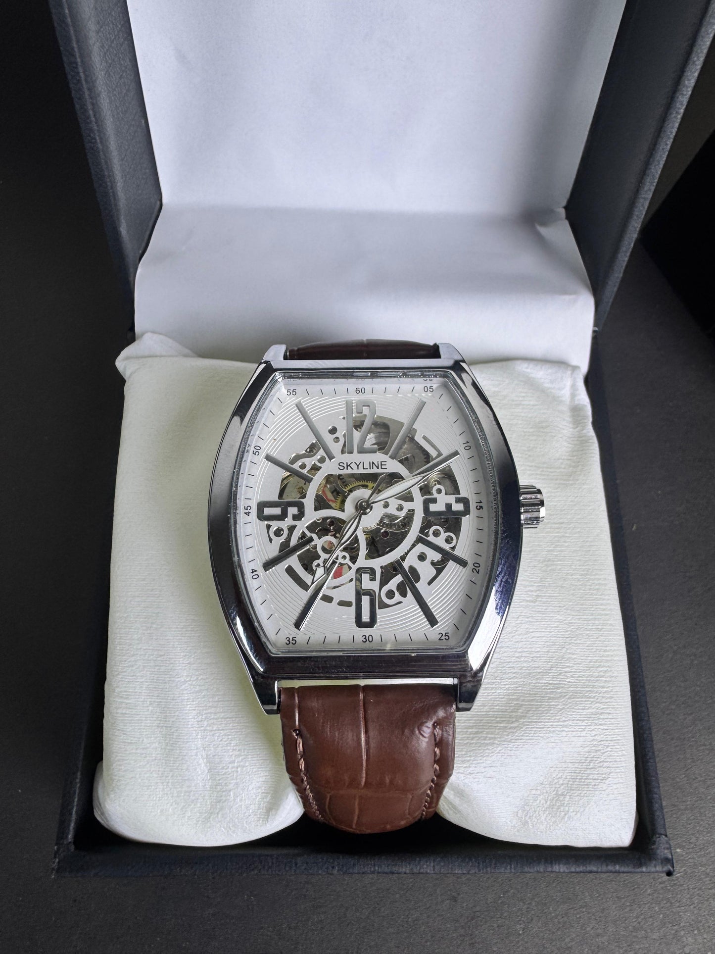 Skyline Mechanical Skeleton Brown Leather Watch