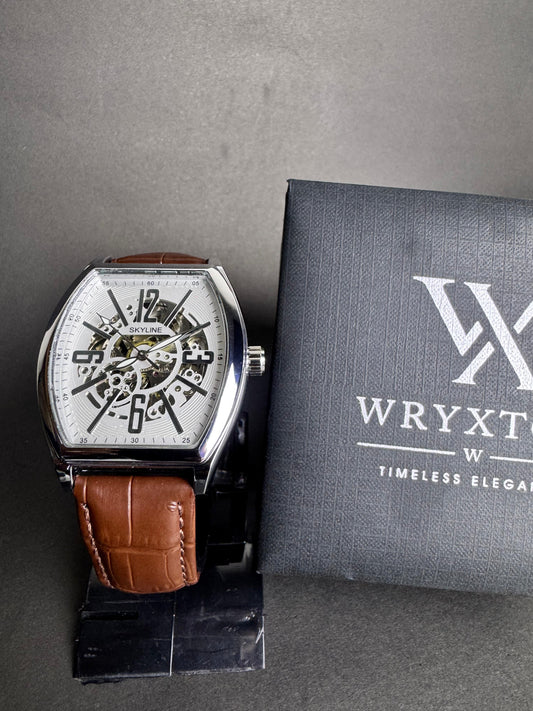 Skyline Mechanical Skeleton Brown Leather Watch