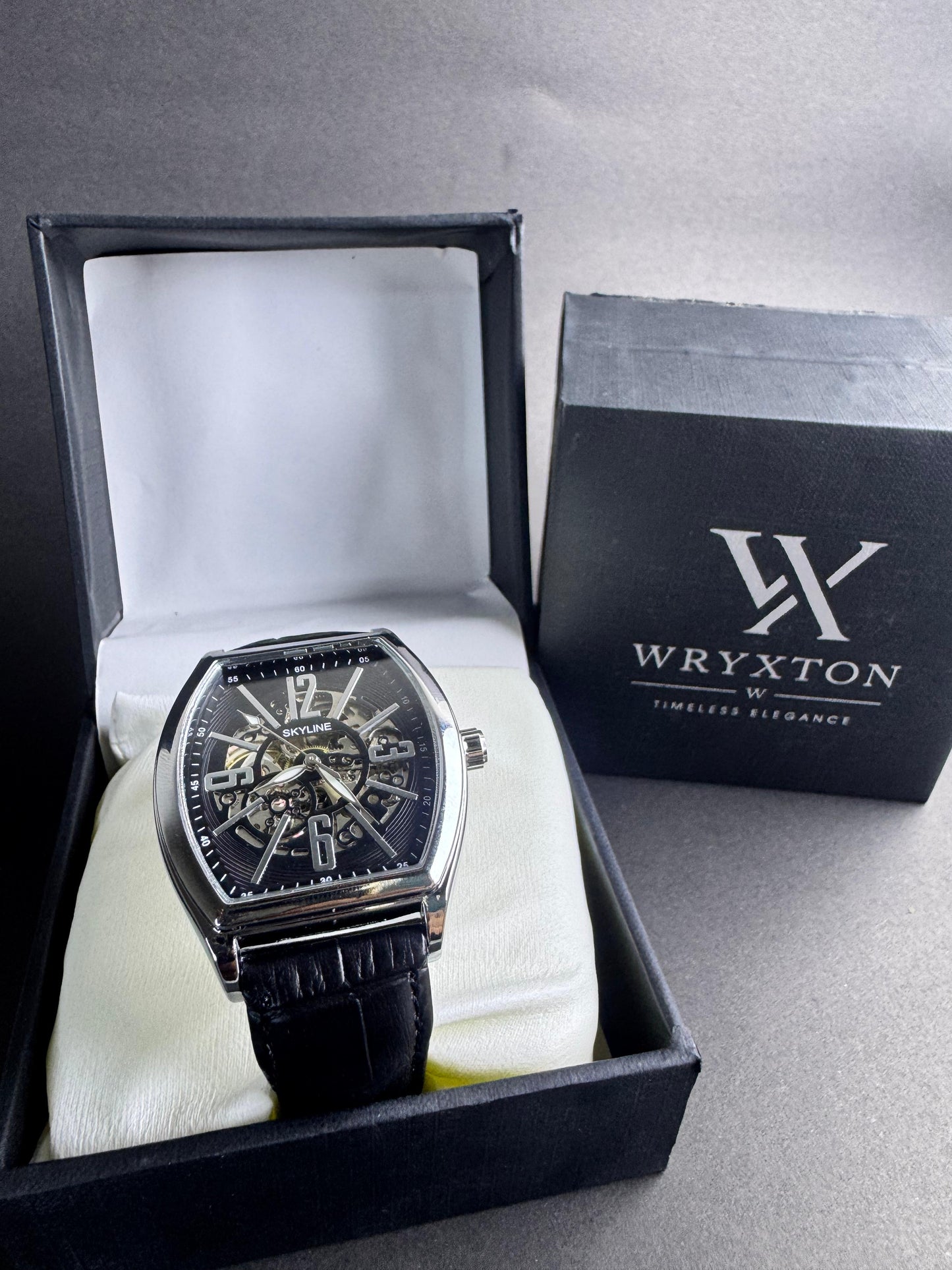 Skyline Mechanical Skeleton Black Leather Watch