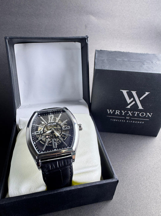 Skyline Mechanical Skeleton Black Leather Watch