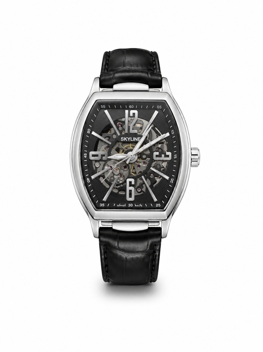 Skyline Mechanical Skeleton Black Leather Watch