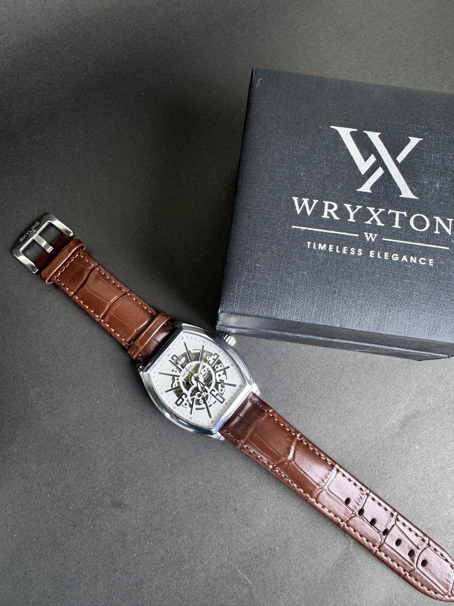 Skyline Mechanical Skeleton Brown Leather Watch
