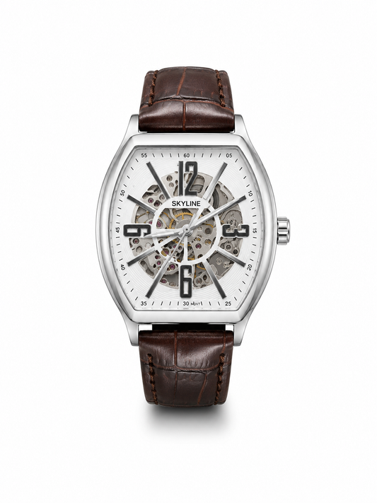 Skyline Mechanical Skeleton Brown Leather Watch