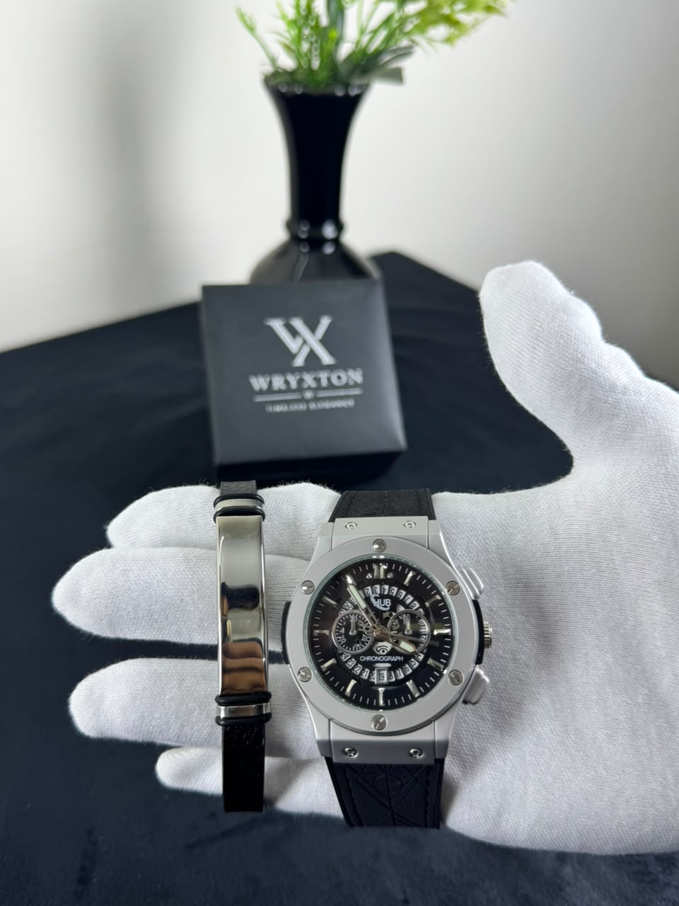 Titan Chronograph Black Rubber Men's Watch& Classic Bracelet Set