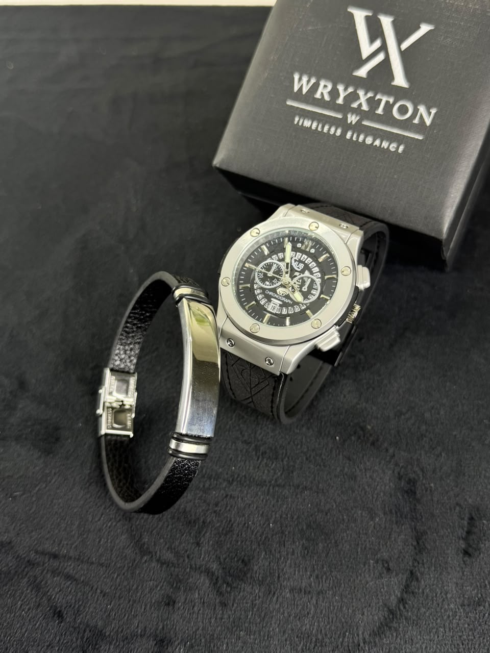 Titan Chronograph Black Rubber Men's Watch& Classic Bracelet Set